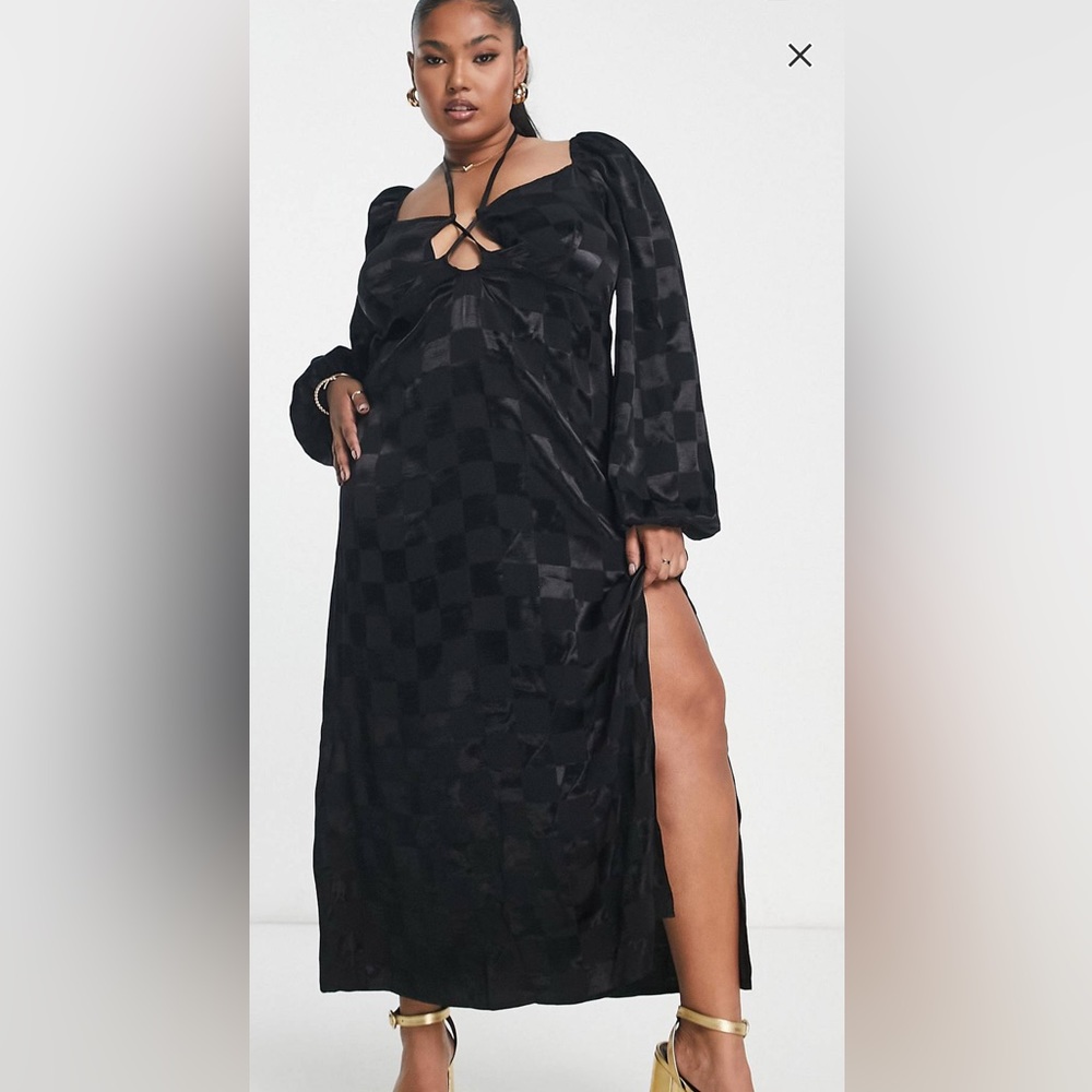ASOS Design Curve satin checkerboard midi dress with tie neck detail